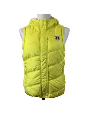 American Eagle Puffer Vest Womens Size Small Yellow Faux Fur Hooded Zip Pockets